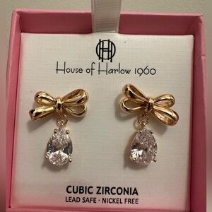 NEW House of Harlow 1960 Bow Cubic Zirconia Gold Earrings